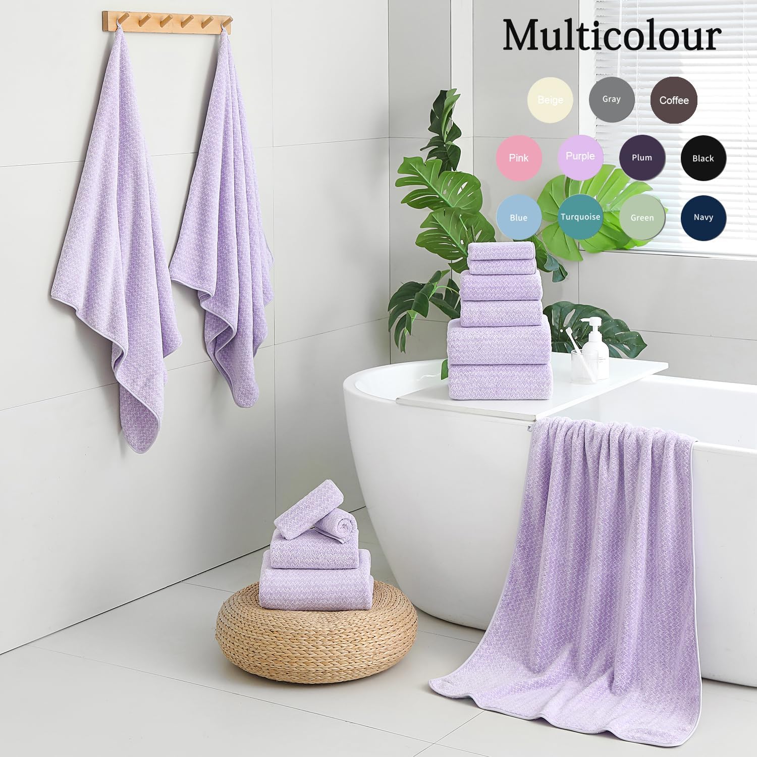 18 Piece Bath Towels Set,100% Microfiber Family Bathroom Towel with Hanging Loops-6 Bath Towels,6 Hand Towels,6 Washcloths,Quick Dry Highly Absorbent Shower Towel for Bathroom,Hotel,Spa-Light Purple
