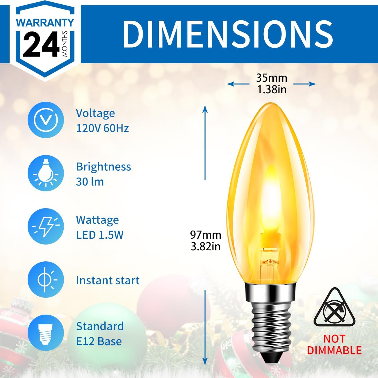 ANWIO Flicker Flame Light Bulbs 1.5W=3W, NonDimmable Flame Tip 1800K Warm Light Orange Glow Bulbs Crystal Clear Candle Bulb for E12 Chandelier Base (Clear, c35e12(2pack))