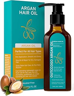 Outccogo Moroccan Argan Oil, Hair Oil for Frizzy Hair, Nourishing Smoothing for Frizz Control, Curly Long Dry Damaged Hair Treatment & Heat Protectant, 3.4 Fl Oz