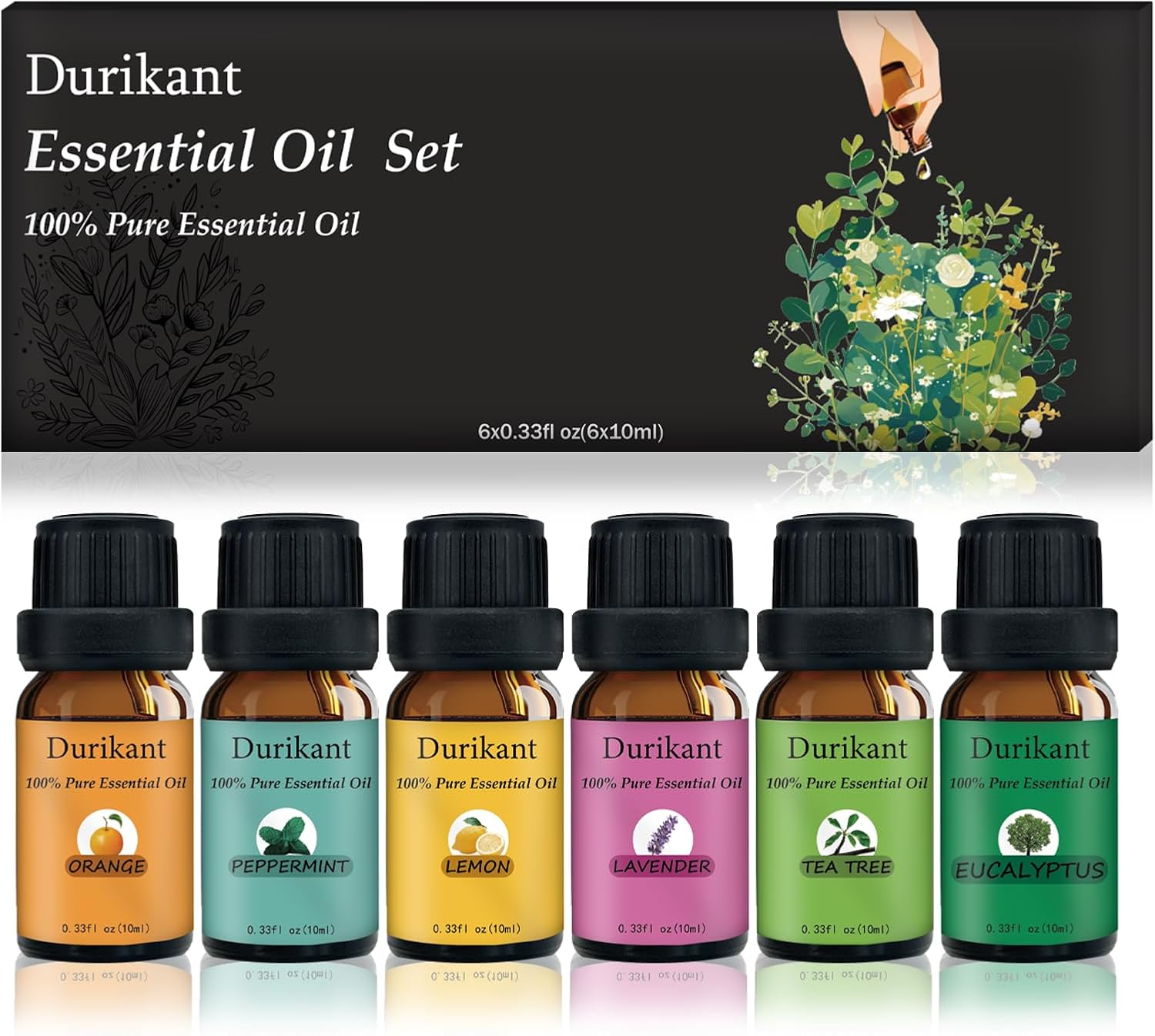 Essential Oil Set - 100% Pure Natural, 6-Pack (Tea Tree, Eucalyptus, Lavender, Orange, Peppermint, Lemon Oils) - 0.33 Fl Oz Each