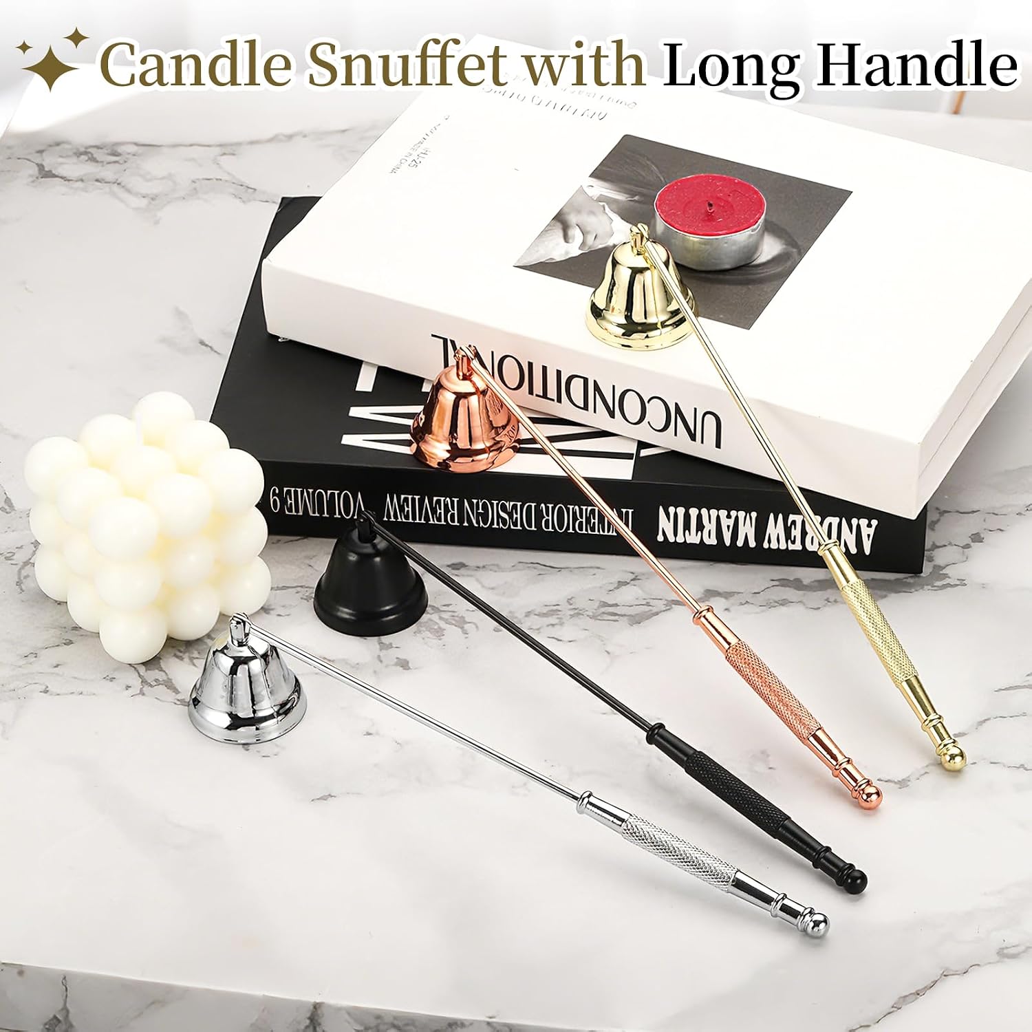 uxcell Candle Snuffer, Candle Extinguish with Long Handle, Wick Flame Snuffer Extinguish Accessory Bell-Shaped for Putting Out Flame Home Decor Gifts, Rose