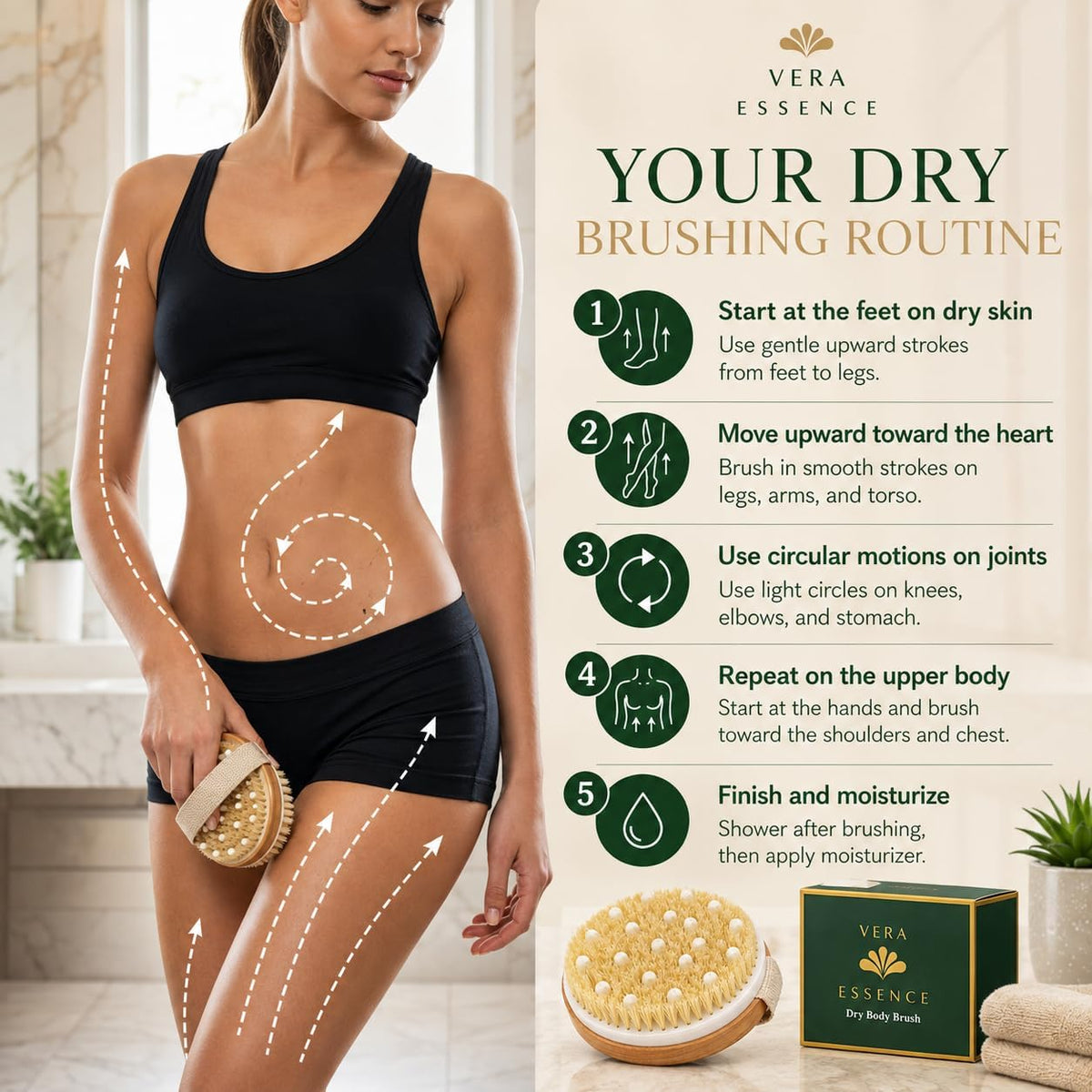 Dry Body Brush for Women &amp; Men, Dry Brush for Lymphatic Drainage, Exfoliating Body Brush with Natural Boar Bristles, Massage Nodes &amp; Bamboo Base for Dry Skin