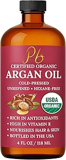 Argan Oil – 100% Pure, Cold-Pressed & Unrefined USDA Organic Moroccan Argan Oil for Hair, Face & Skin, Organic Argan Oil Hair Treatment for Dry, Damaged Hair- 4 Fl Oz Glass Bottle with Dropper