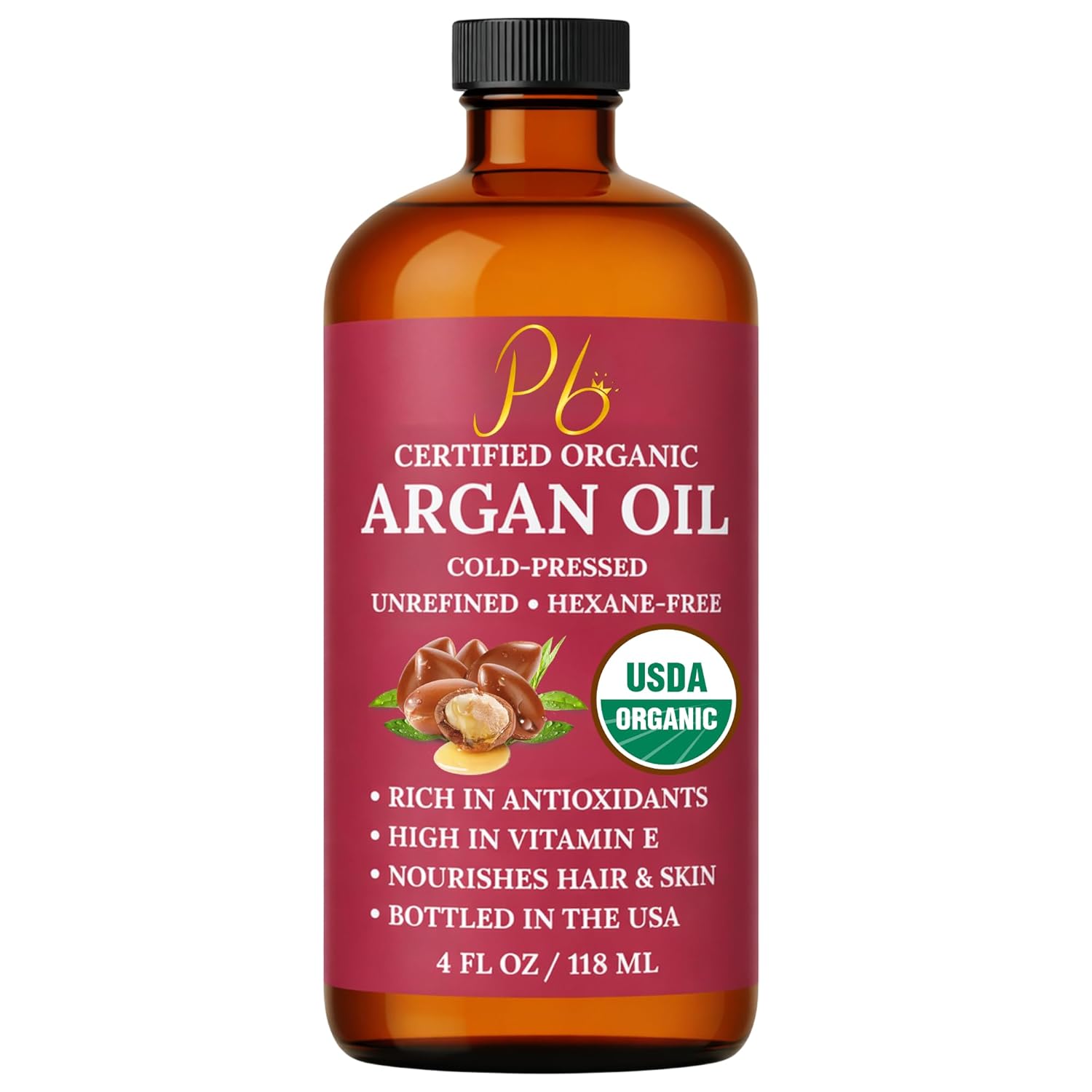 Argan Oil – 100% Pure, Cold-Pressed & Unrefined USDA Organic Moroccan Argan Oil for Hair, Face & Skin, Organic Argan Oil Hair Treatment for Dry, Damaged Hair- 4 Fl Oz Glass Bottle with Dropper