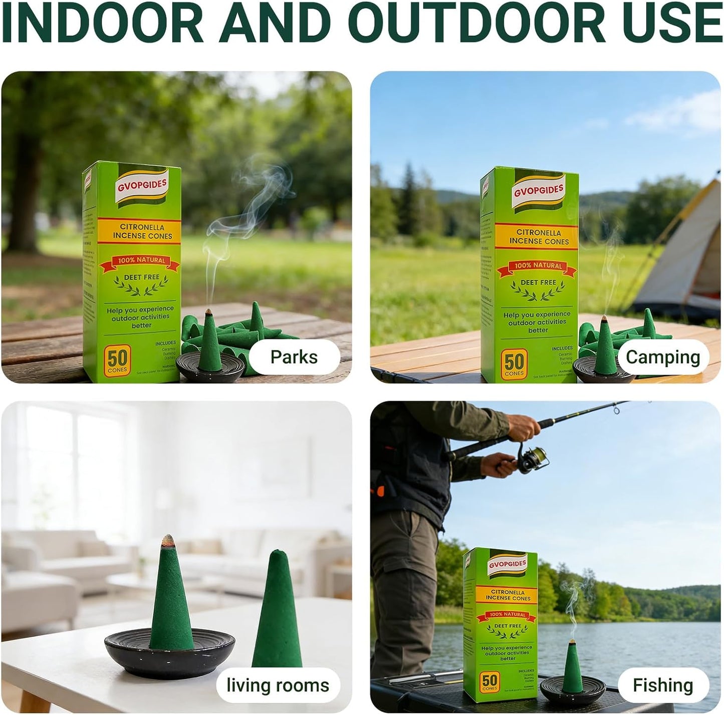 Citronella Incense Cones (50 Cones) Made with Plant Based Ingredients/Citronella Oil/Lemongrass/Rosemary Oil/Includes Ceramic Dishes