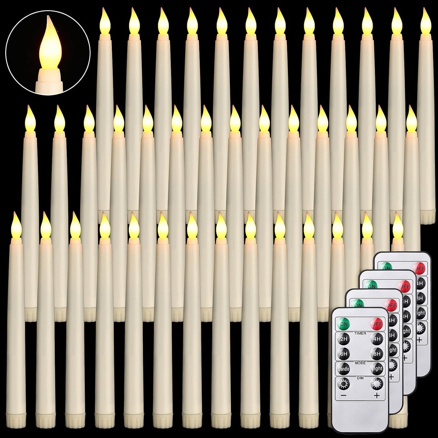 Tuanse 50 Pcs Flameless Taper Candles with Remote Timer and Dimmer Ivory Battery Operated CandleSticks LED Flickering Flameless Candle for Wedding Home Christmas Halloween Party Decor (8.5 Inch)