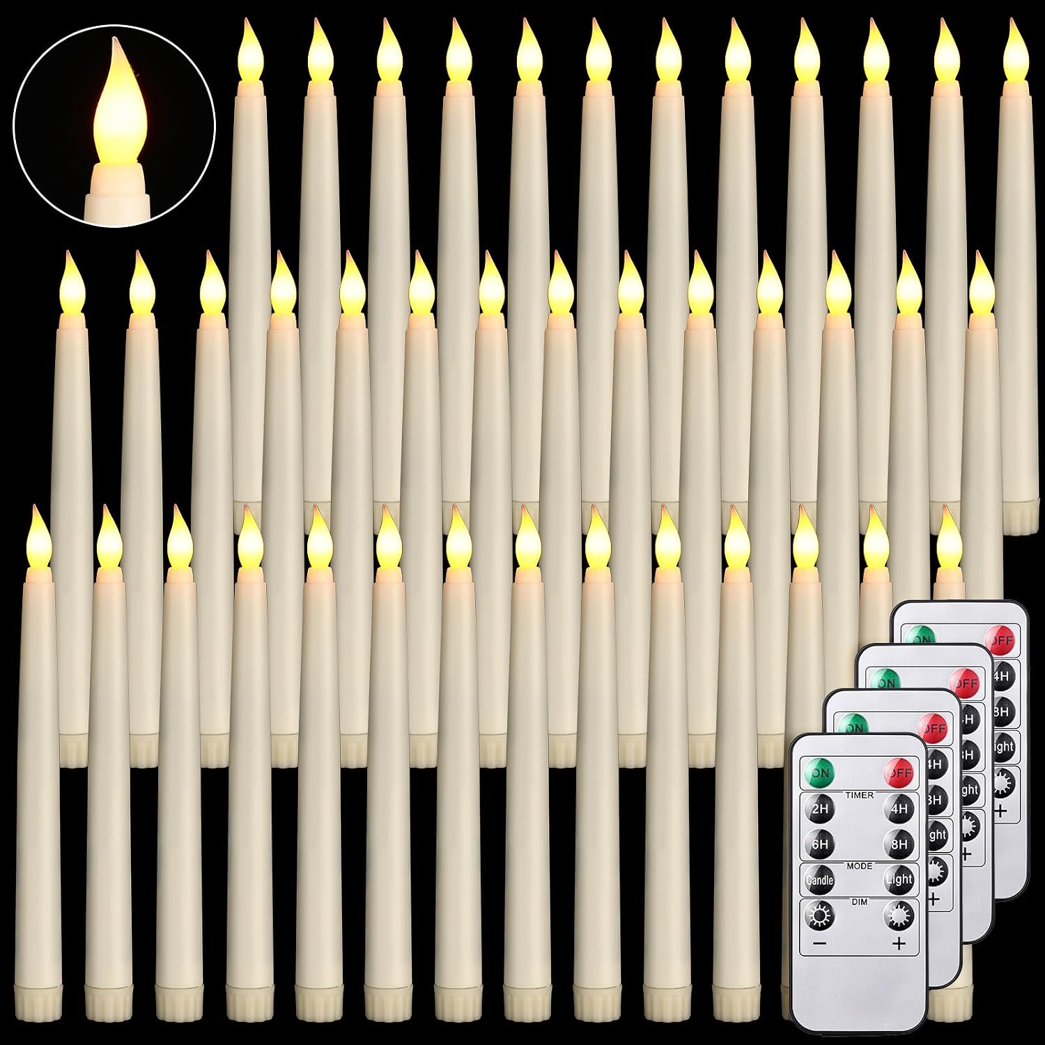 Tuanse 50 Pcs Flameless Taper Candles with Remote Timer and Dimmer Ivory Battery Operated CandleSticks LED Flickering Flameless Candle for Wedding Home Christmas Halloween Party Decor (8.5 Inch)