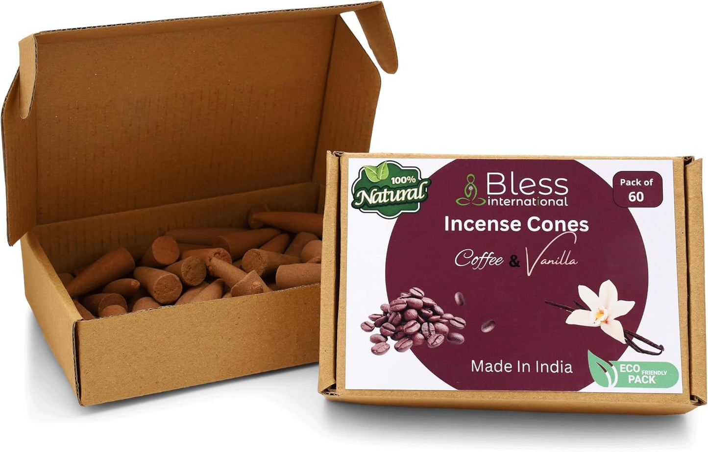 Bless International Coffee and Vanilla 100%-Natural-Incense-Cones Handmade-Hand-Dipped Organic-Chemicals-Free for-Purification-Relaxation-Positivity-Yoga-Meditation The-Best-scents (60 Count)