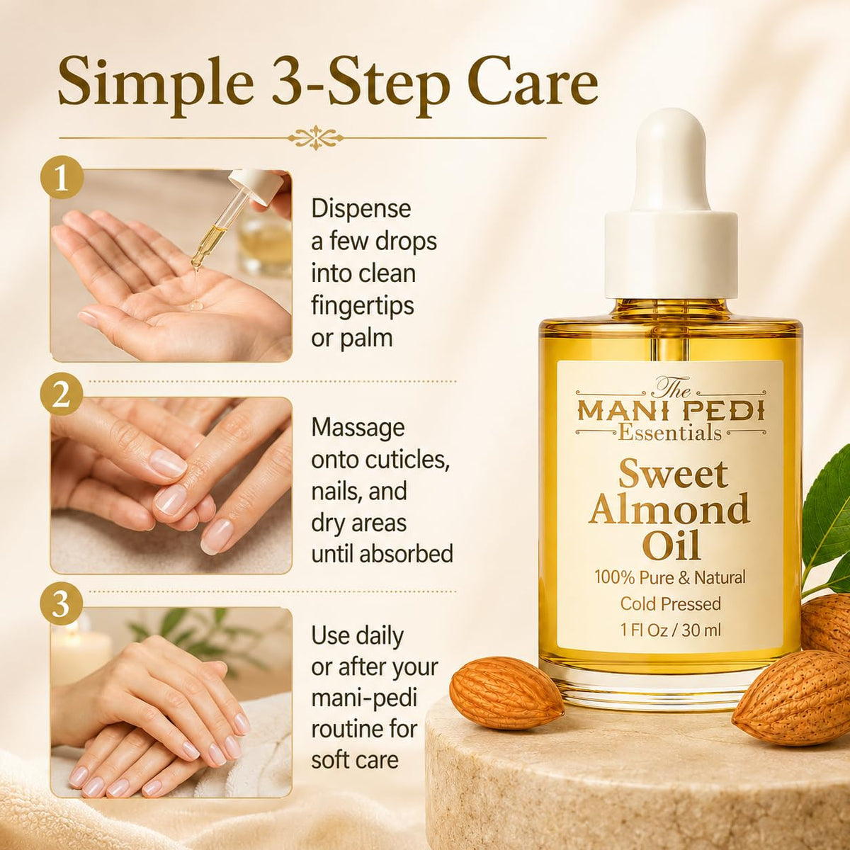 TMPE Sweet Almond Oil, Pure Cold-Pressed Oil for Skin &amp; Hair Care, 1 Fl Oz