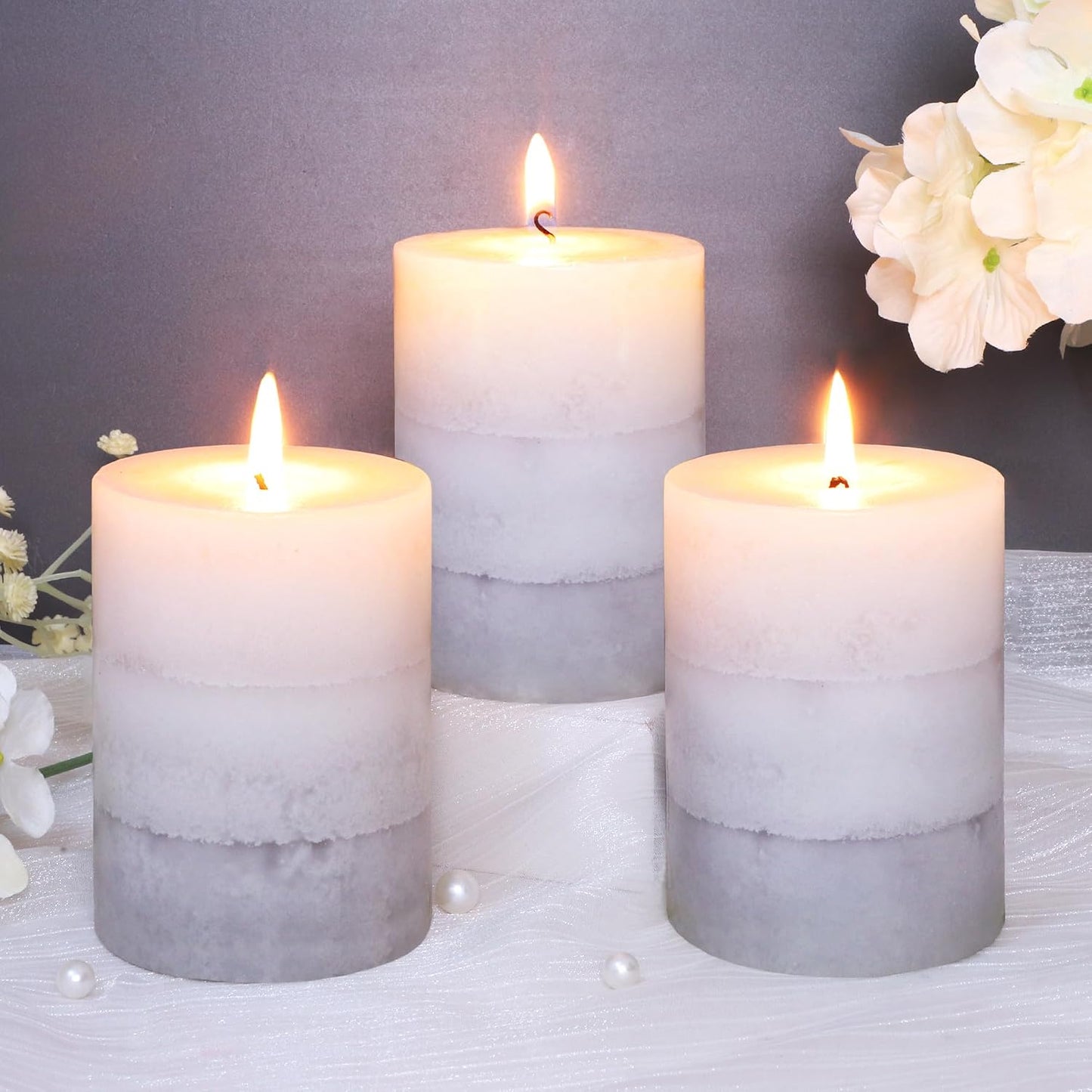 Set of 3 Scented Pillar Candles Creamy Coconut Scented 3" x 4" Long-Lasting Burn Candle White Gray Palette Pillar Candle Clean Burning No Drip Candles Gift for Home Party Dinner Table Decor