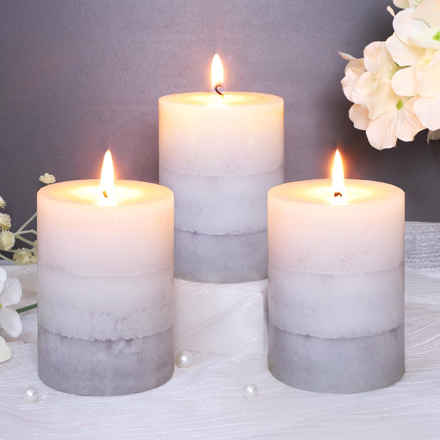 Set of 3 Scented Pillar Candles Creamy Coconut Scented 3" x 4" Long-Lasting Burn Candle White Gray Palette Pillar Candle Clean Burning No Drip Candles Gift for Home Party Dinner Table Decor
