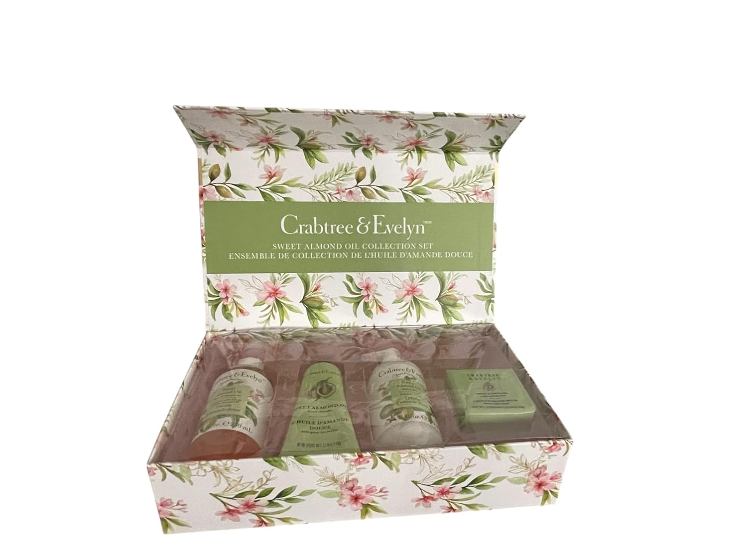 Crabtree & Evelyn Sweet Almond Oil Collection Set (Bath & Shower Gel 8.4 fl oz, Hand Therapy 3.5 oz, Body Lotion 8.4 fl oz, Bar Soap 3.5 oz)