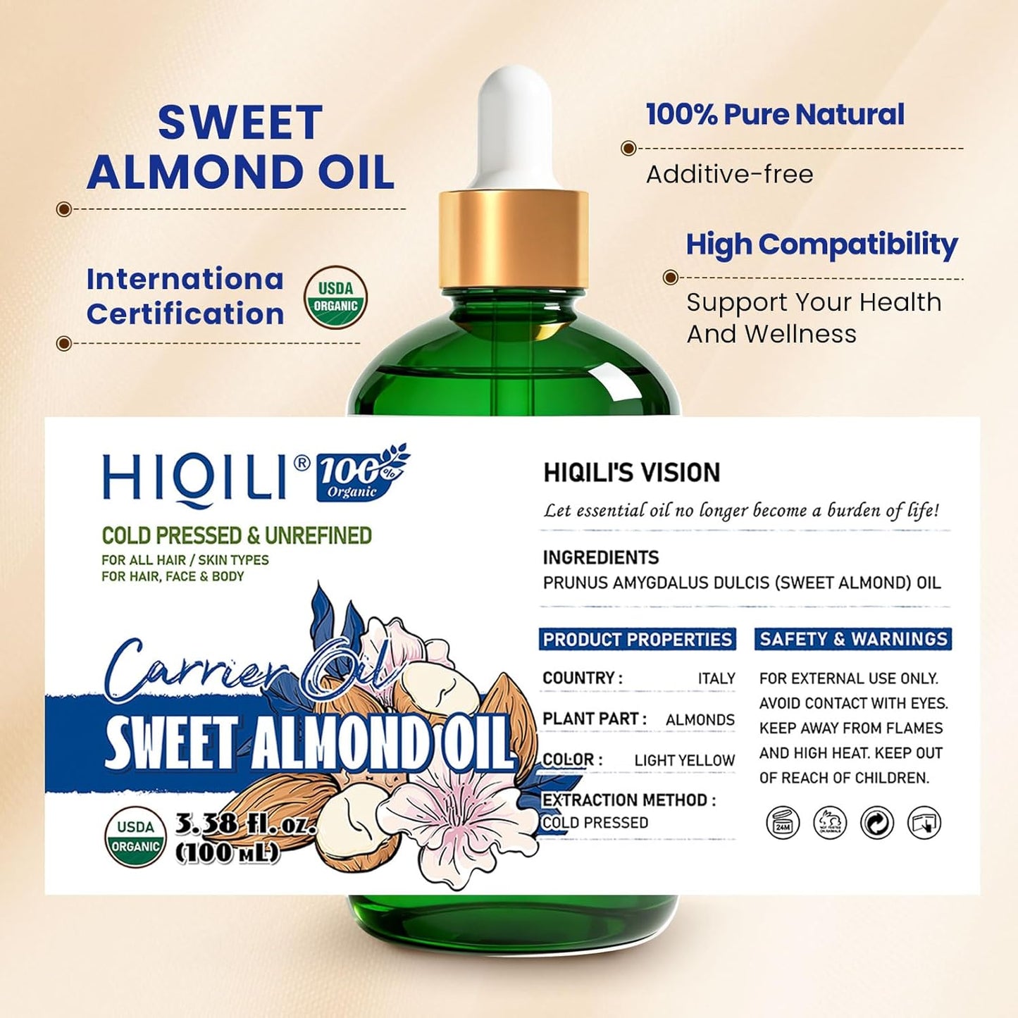 HIQILI Sweet Almond Oil, Skin, Hair Care, 100% Pure Organic Carrier Oil, Hexane Free, Unscented - 3.38 Fl Oz