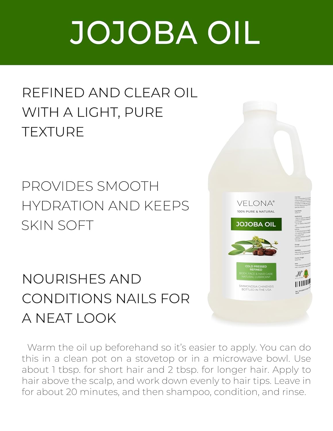 velona Jojoba Colorless Oil 64 fl oz | 100% Pure and Natural Carrier Oil | Clear, Refined, Cold Pressed | Moisturizing Face, Hair, Body and Skin Care | Use Today - Enjoy Results