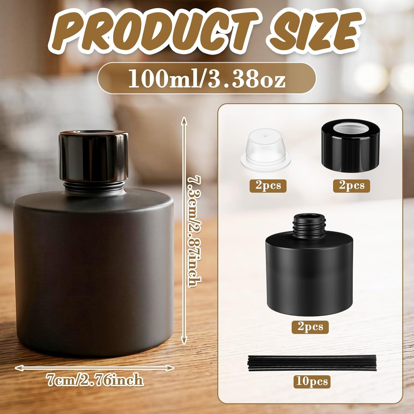 Chunful 2 Sets Black Reed Diffuser Bottle Empty Refillable Fragrance Glass Diffuser Bottles 100ml Round Glass Jars with Black Caps & Rattan Sticks for Living Room Home Replacement Fragrance DIY
