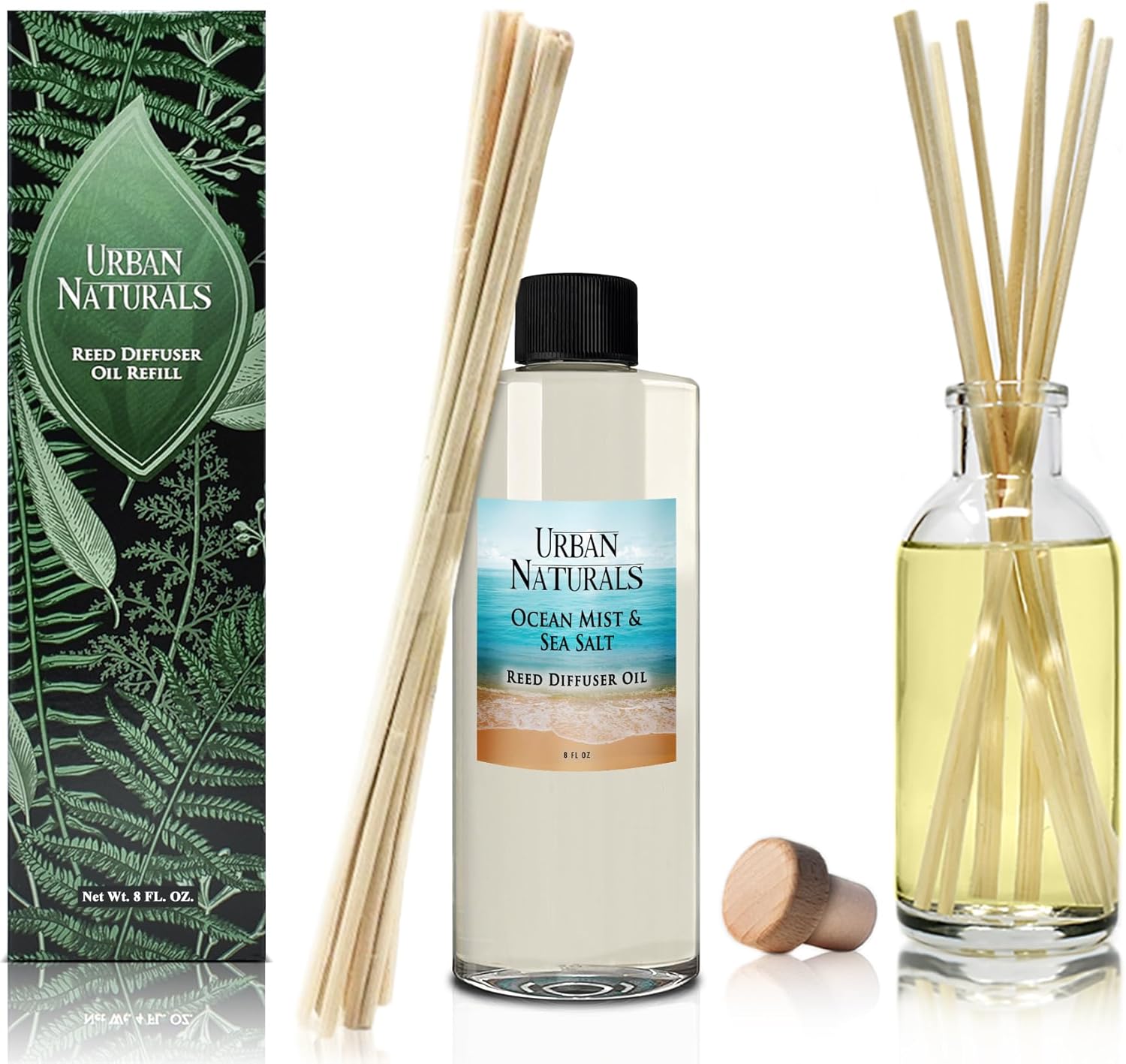Urban Naturals Reed Diffuser Oil Refill Ocean Mist Sea Salt with Salt Spray, Violet Leaf, Sea Grass, Driftwood 8 oz + Free Reed Sticks, Made in the USA