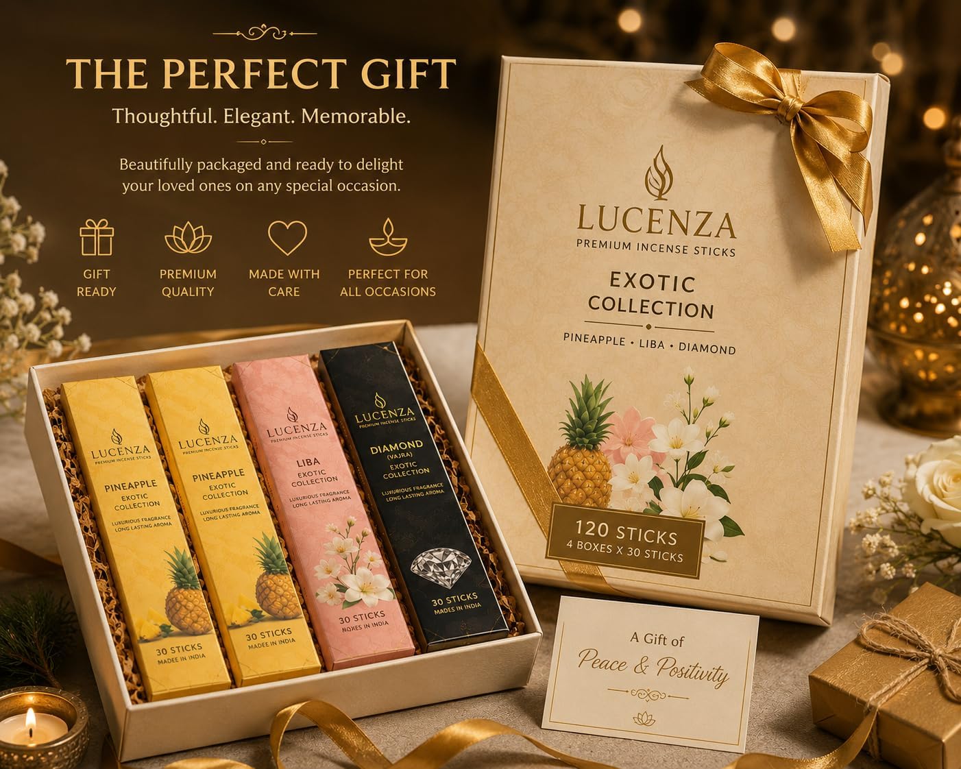Lucenza Exotic Incense Sticks Variety Pack, Pineapple, Liba & Diamond Fragrances, Premium Agarbatti for Home Fragrance, Relaxation, Meditation & Aromatic Living, 120 Sticks (4 Boxes)