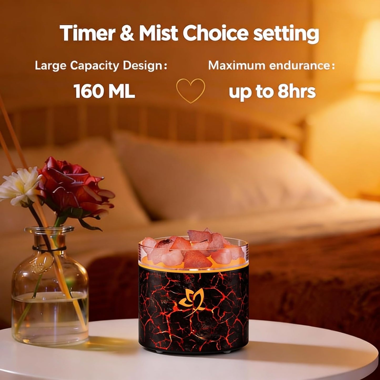 4-in-1 Ultrasonic Crystal Salt Stone Aromatherapy Diffuser & Humidifier - 7-Color LED Dreamy Flame Light, Auto Shut-Off, 2 Modes | Home/Office/Yoga (Black Grain)