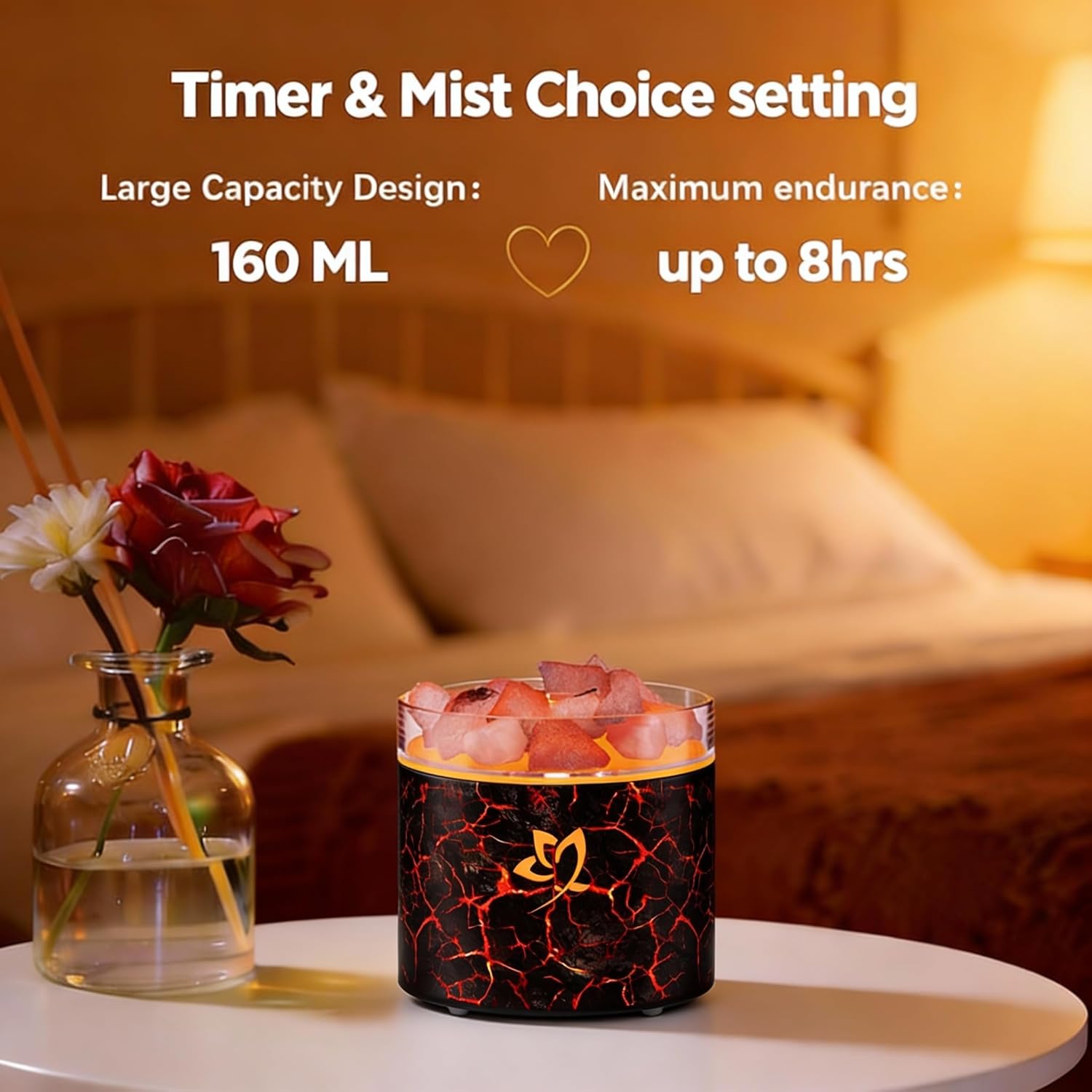4-in-1 Ultrasonic Crystal Salt Stone Aromatherapy Diffuser & Humidifier - 7-Color LED Dreamy Flame Light, Auto Shut-Off, 2 Modes | Home/Office/Yoga (Black Grain)