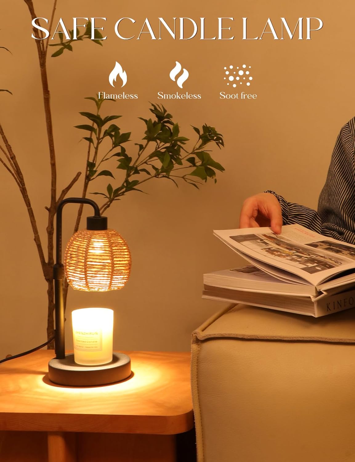 Candle Warmer Lamp with Timer Dimmable, Natural Weaving Boho Electric Candle Lamp, Wax Warmer Lamp for Mothers Day Gifts for Mom, House Warming Gifts New Home Decor