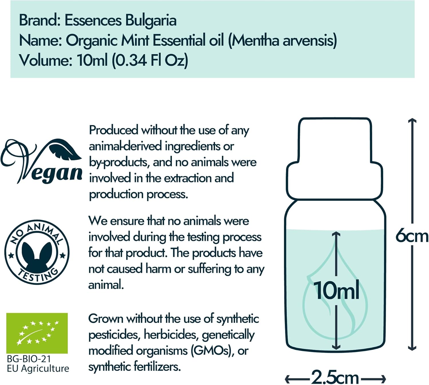 Essences Bulgaria Organic Mint Essential Oil 1/3 Fl Oz | 10ml | Mentha arvensis | 100% Pure and Natural | Undiluted | Therapeutic Grade | Family Owned Farm | Steam-Distilled | Non-GMO | Vegan