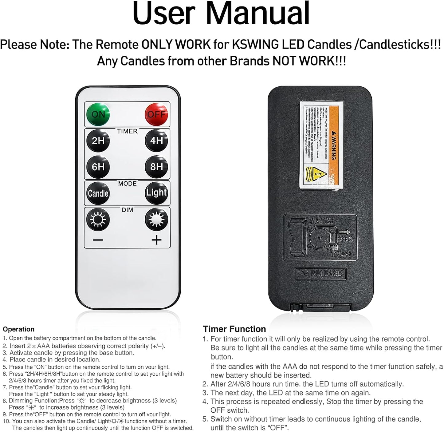 KSWING 10 Key Remote Controller Only Work for KSWING LED Candles/Candlesticks