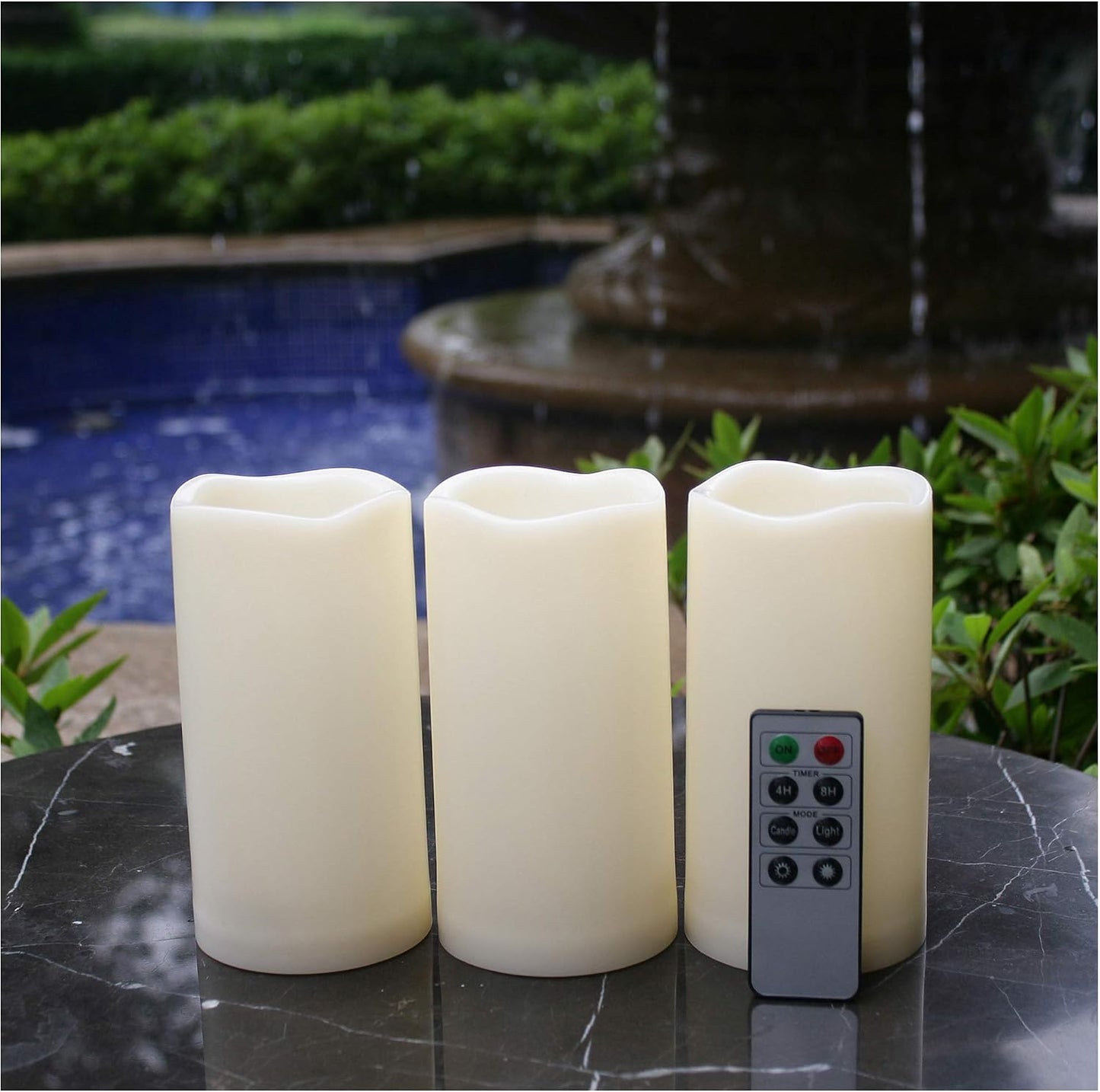 Waterproof Outdoor Flameless LED Candles - with Remote and Timer Realistic Flickering Battery Operated Electric Plastic Resin Pillar Candles for Christmas Decoration 3-Pack 3”x6”