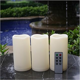 Waterproof Outdoor Flameless LED Candles - with Remote and Timer Realistic Flickering Battery Operated Electric Plastic Resin Pillar Candles for Christmas Decoration 3-Pack 3”x6”