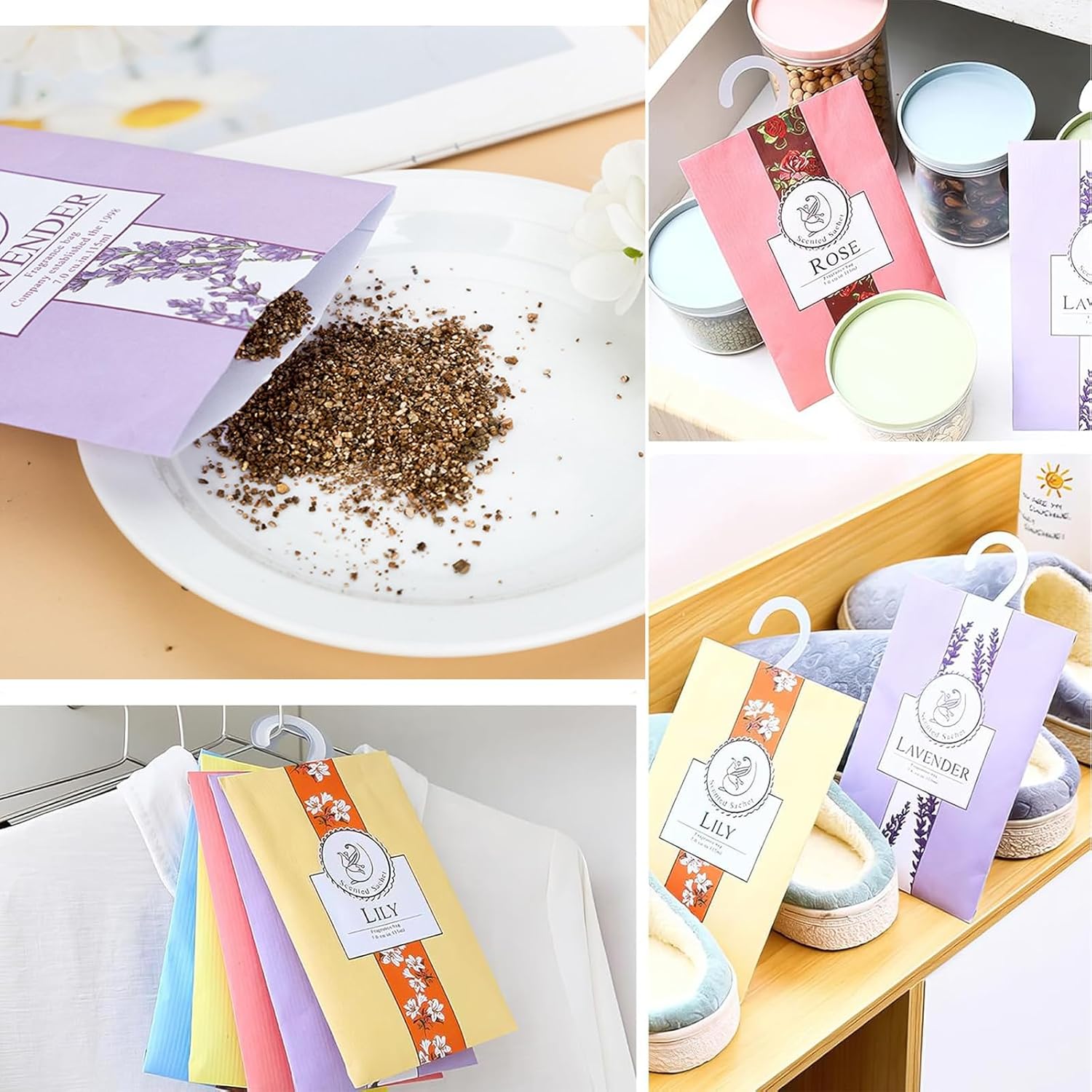 Wardrobe Fresheners Fragrance Sachet Bags: 6 Scented Sachets with Hanging Hooks - Aromatherapy Sachets with Natural Scents for Closets and Drawers, Perfect for Homes, Cars, and Offices