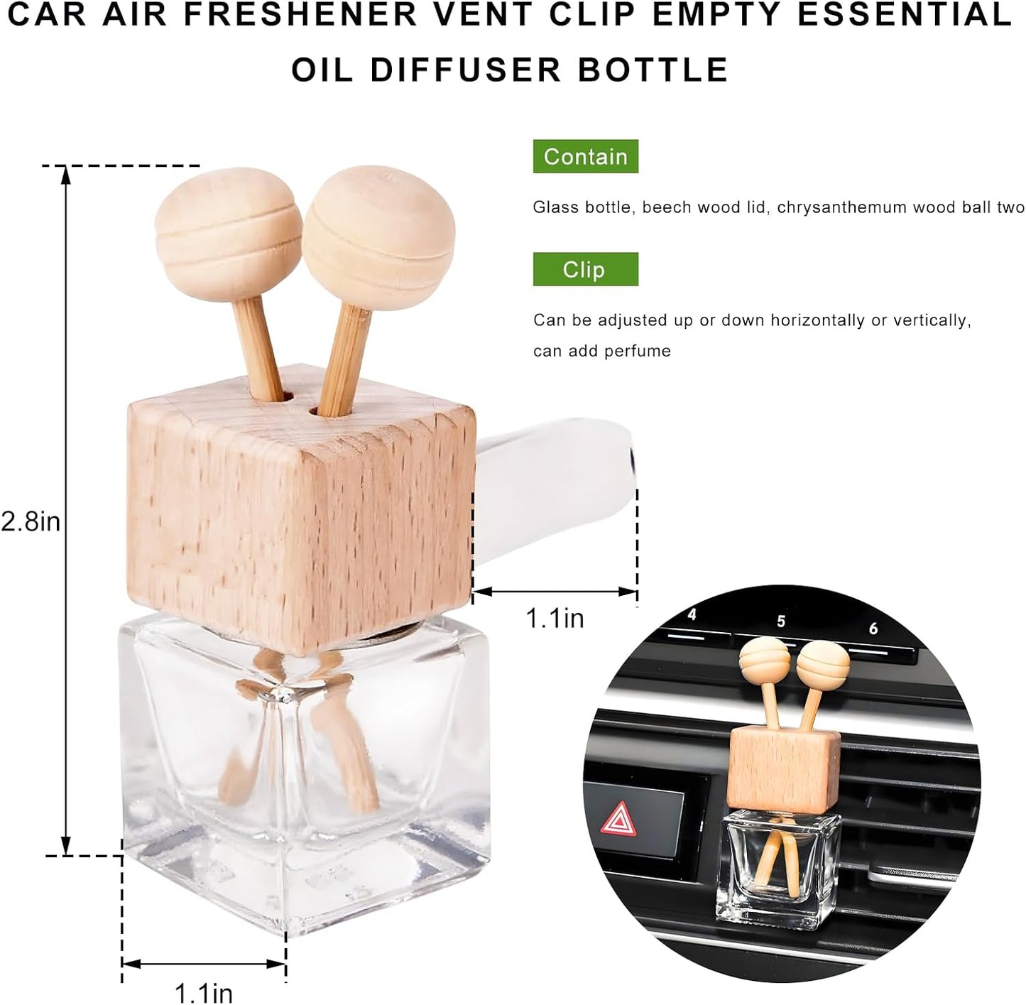 2PCS Car Diffuser Air Freshener Bottle, Refillable Empty Perfume Diffuser Vent Clip with Wooden Cap, Universal Essential Oil Glass Bottle Fragrance Ornament for Most Vehicles