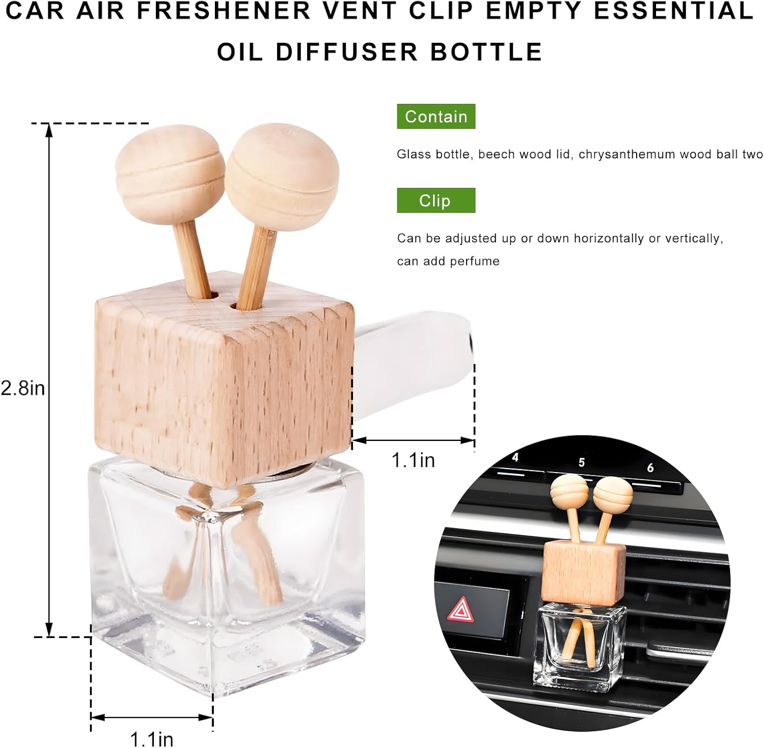 2PCS Car Diffuser Air Freshener Bottle, Refillable Empty Perfume Diffuser Vent Clip with Wooden Cap, Universal Essential Oil Glass Bottle Fragrance Ornament for Most Vehicles