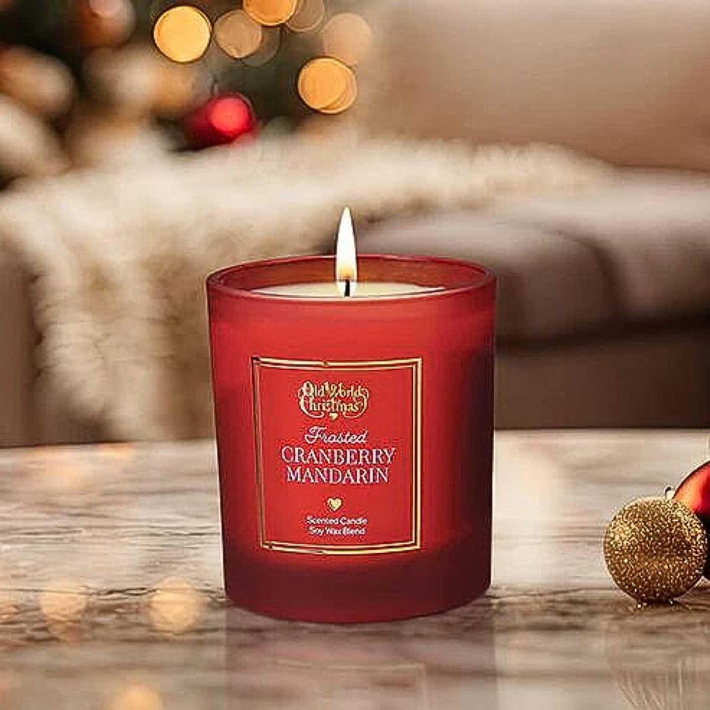 Old World Christmas Frosted Cranberry Mandarin Candle, Hand‑Poured 8 oz Soy Wax Blend with Fruit & Mint Scent, 60 Hour Burn, Vegan & Cruelty‑Free