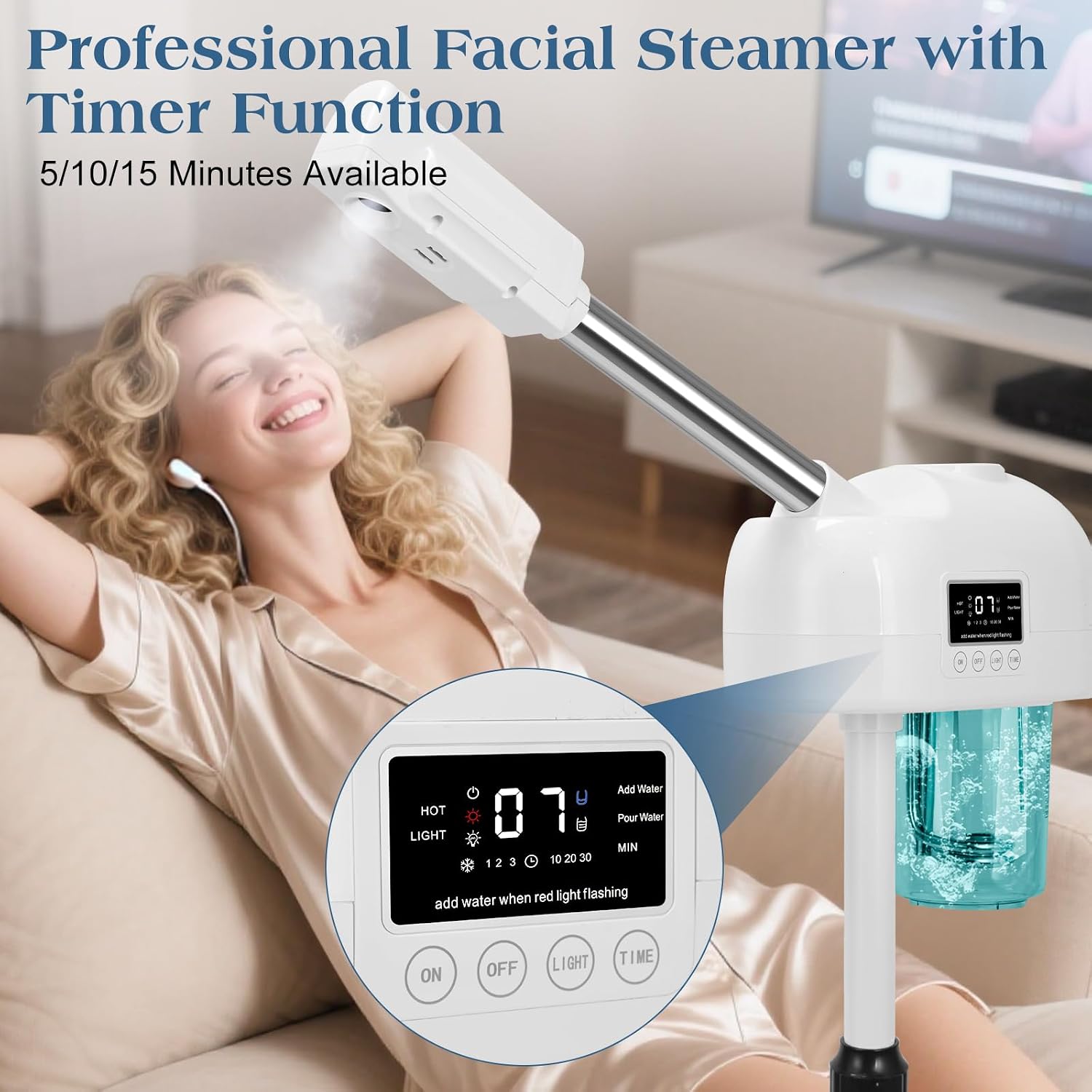Professional Facial Steamer, Nano Ionic Hot Mist Spray, Stand Facial Steamer for Estheticians, Timer Function, Vaporizador Face Steamer on Wheel, for Home Salon SPA