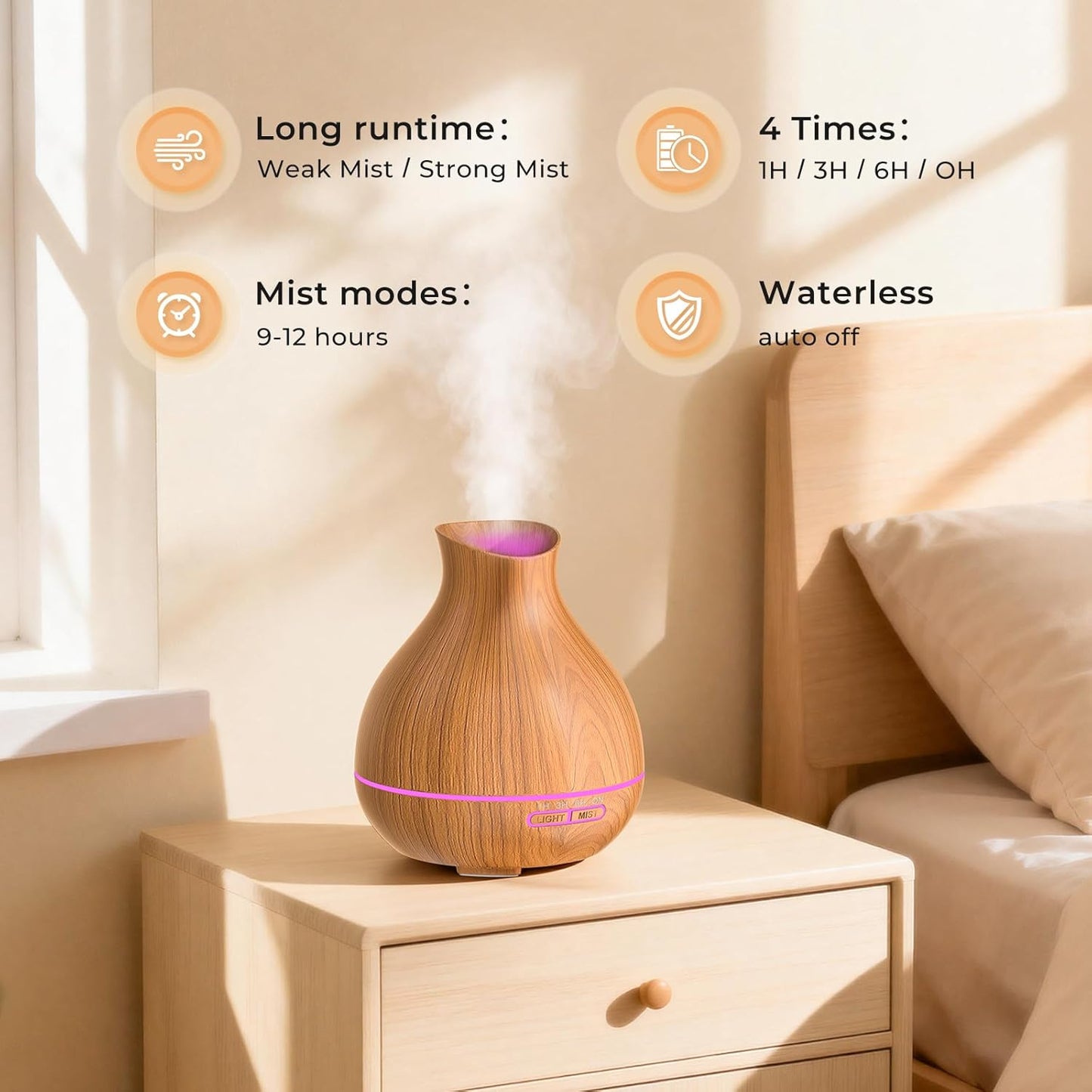 Aromatherapy Essential Oil Diffuser 550ml 12 Hours Wood Grain Aroma Diffuser with Timer Cool Mist Humidifier for Large Room, Home, Baby Bedroom, Waterless Auto Shut-off,7 Colors Lights Changing