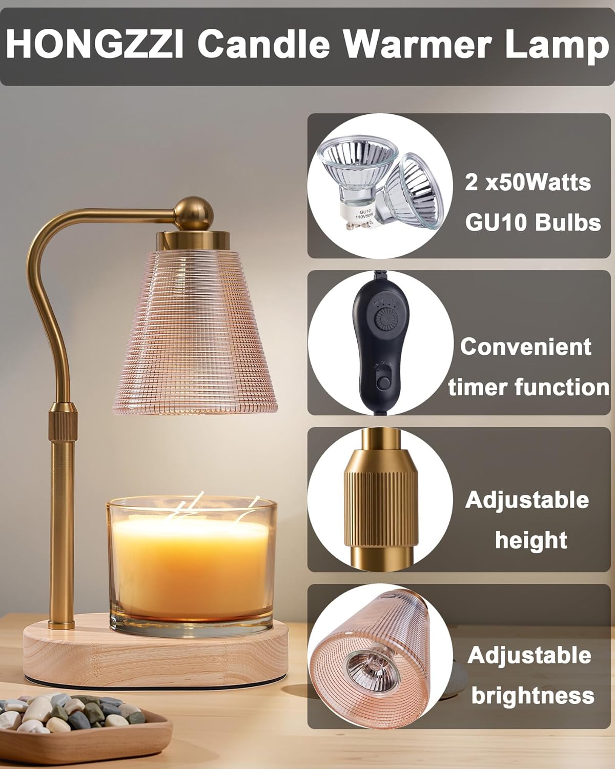 Candle Warmer Lamp with Timer - Adjustable Height & Brightness - Wood Base Glass Shade - 2 Bulbs Included(Oval Gold)