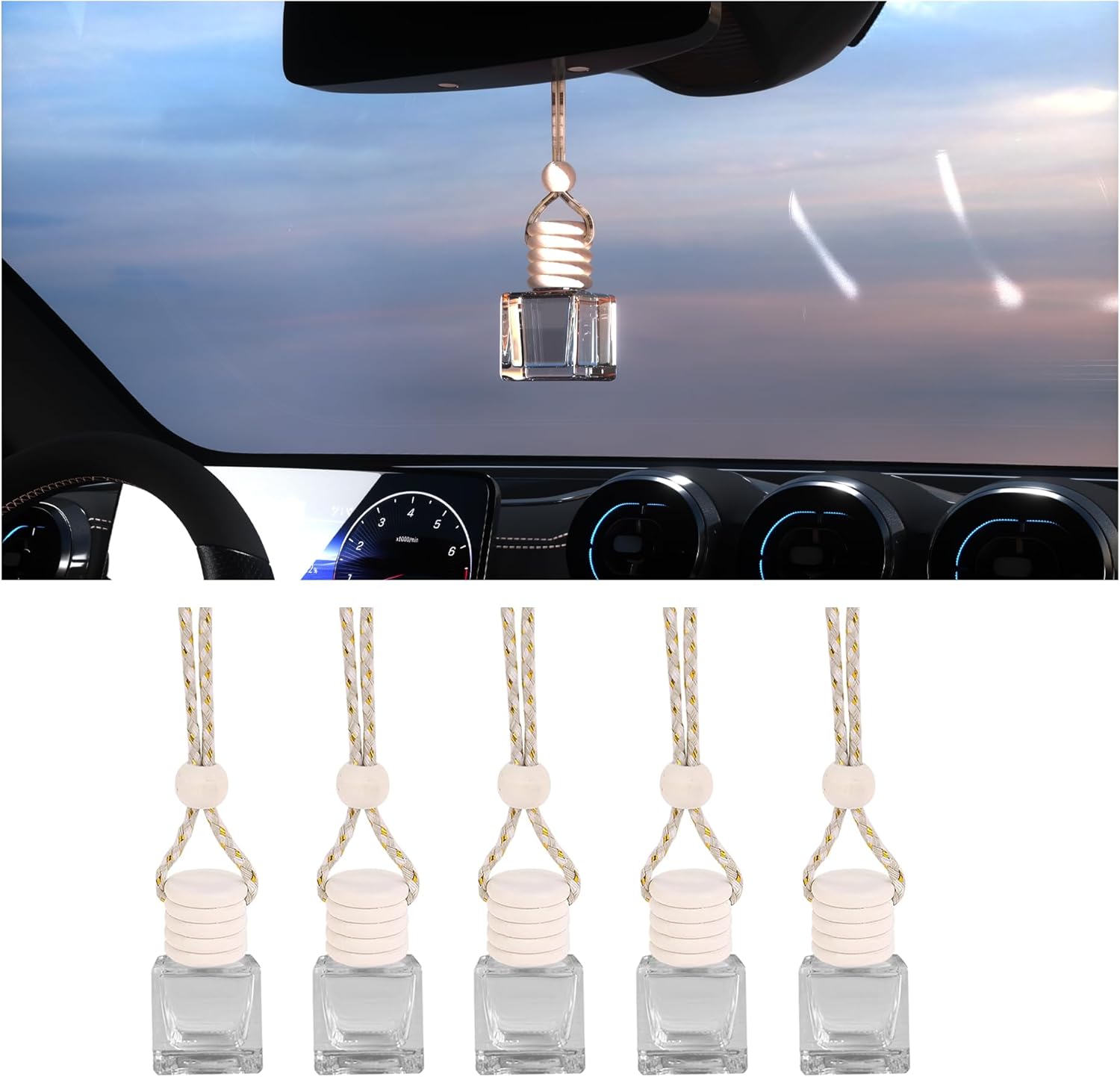 5PCS Hanging Car Air Freshener, Auto Interior Decoration 8 ml Oil Diffuser Perfume Aromatherapy Pendant Empty Glass Bottle, Fragrance Ornament with Vent Clip Wooden Cap and Rope (Square)