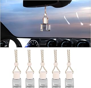 5PCS Hanging Car Air Freshener, Auto Interior Decoration 8 ml Oil Diffuser Perfume Aromatherapy Pendant Empty Glass Bottle, Fragrance Ornament with Vent Clip Wooden Cap and Rope (Square)