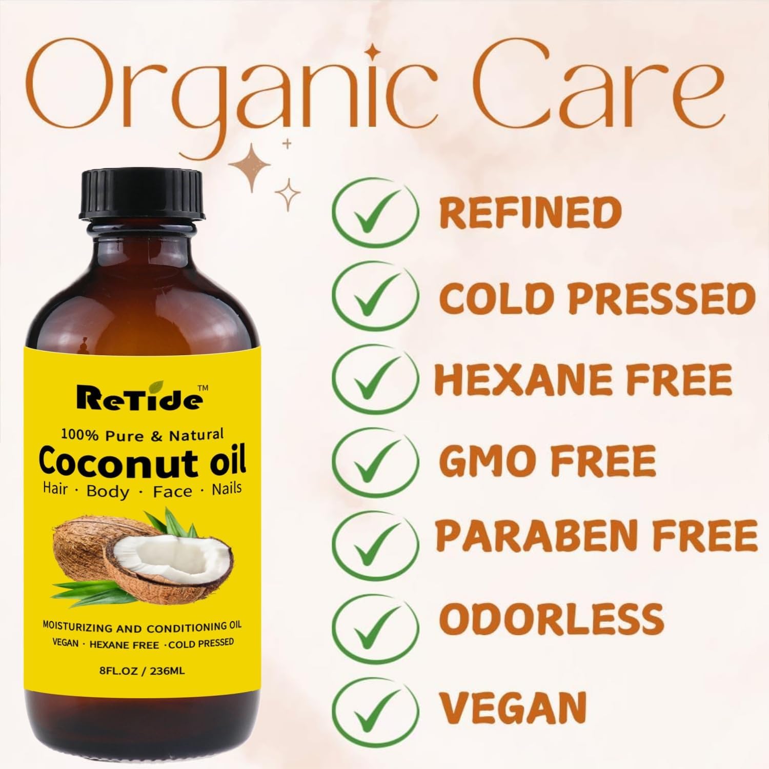 Organic Fractionated Coconut Oil, Cold Pressed Pure Liquid Carrier Oil with Pump, Hexane Free, Glass Bottle, 8 Fl Oz