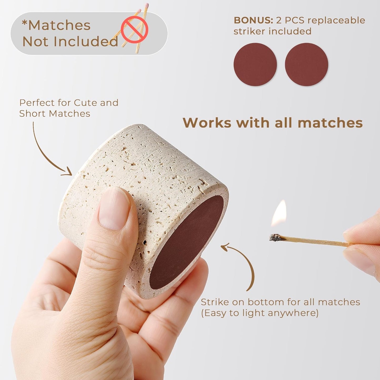 Travertine Stone Match Holder with Striker & Extra Striker Pad - 2.6" x 2" Decorative Matchstick Organizer for Fireplace, Candles, Parlor Cute Match Jar for Home Decor Gift, Matches Not Included