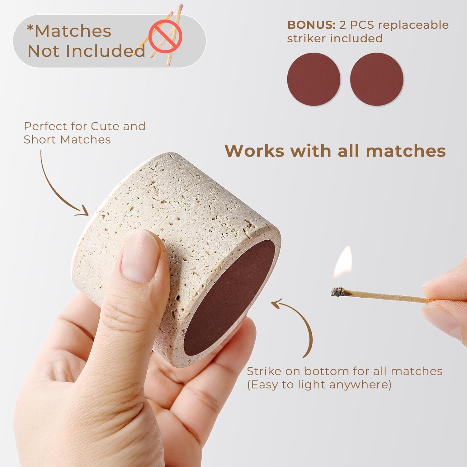 Travertine Stone Match Holder with Striker & Extra Striker Pad - 2.6" x 2" Decorative Matchstick Organizer for Fireplace, Candles, Parlor Cute Match Jar for Home Decor Gift, Matches Not Included