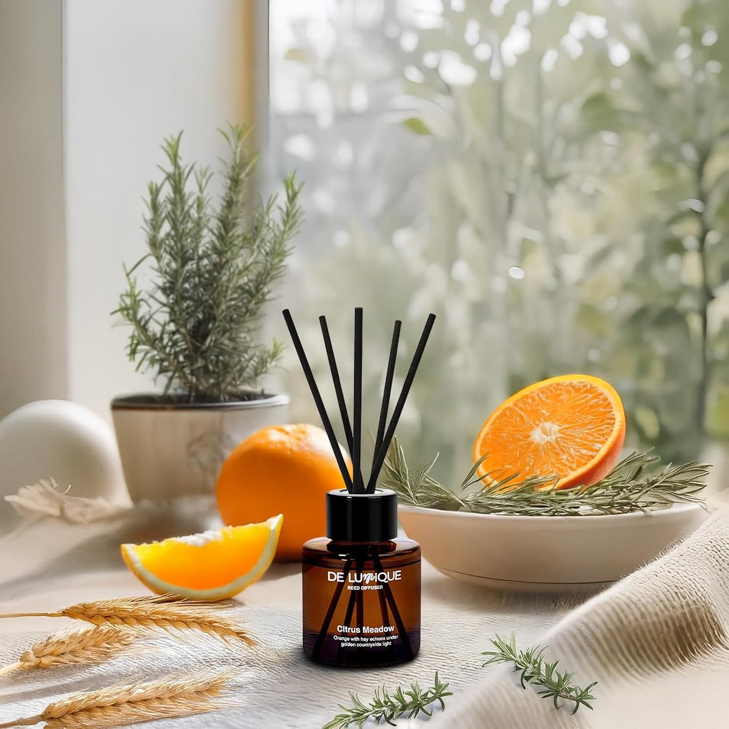 Citrus Meadow Scent Luxury Reed Diffuser – with Orange, Lemon, Thyme & Hay – Long-Lasting Diffusers for Home, Premium Essential Oils for Bedroom, Bathroom & Office