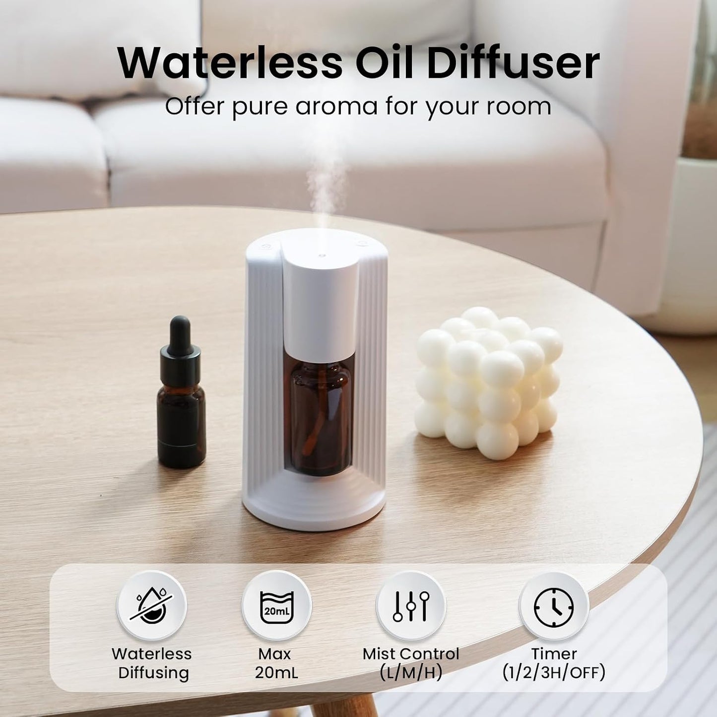 Waterless Essential Oil Diffuser, Portable Aromatherapy Diffuser, Fit for 10-20mL Essential Oil Bottles, 3 Timer & 3 Mist Level, Rechargeable Mini Scent Diffuser for Home, Room, Car and Office (White)