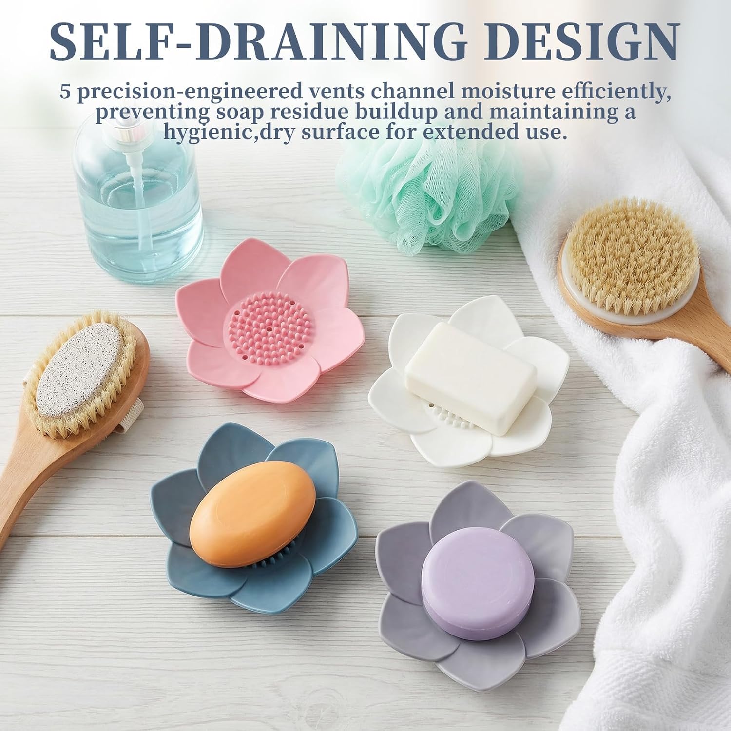4 Pack Lotus Shower Steamer Trays, Silicone Soap Holder with Self Draining - Elegant Mixed Colors Lotus Flower Shape Soap Dish, Perfect for Bathroom Counter, Kitchen Sink, Shower Organizer
