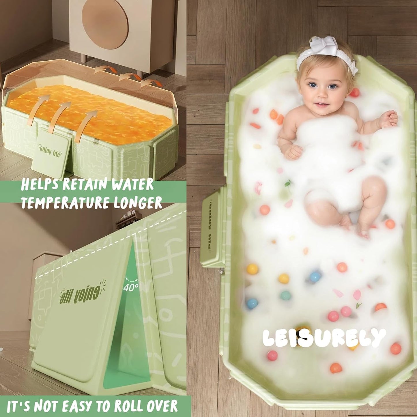 Collapsible Bathing Basin 29.5×17.7×9.8 in, Foldable Portable Tub with Drain Plug, Compact Storage Basin for Toddlers and Pets, Suitable for Outdoor, Travel or Balcony Use