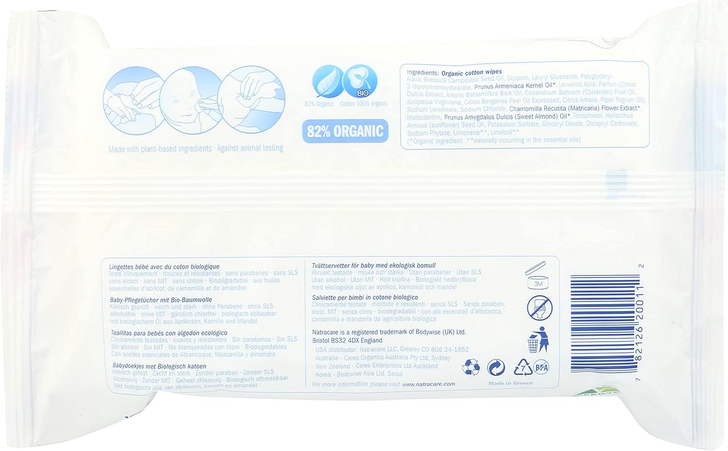 Natracare Organic Cotton Baby Wipes With Essential Oils of Chamomile, Apricot and Sweet Almond Oil (1 Pack, 50 Wipes Total)