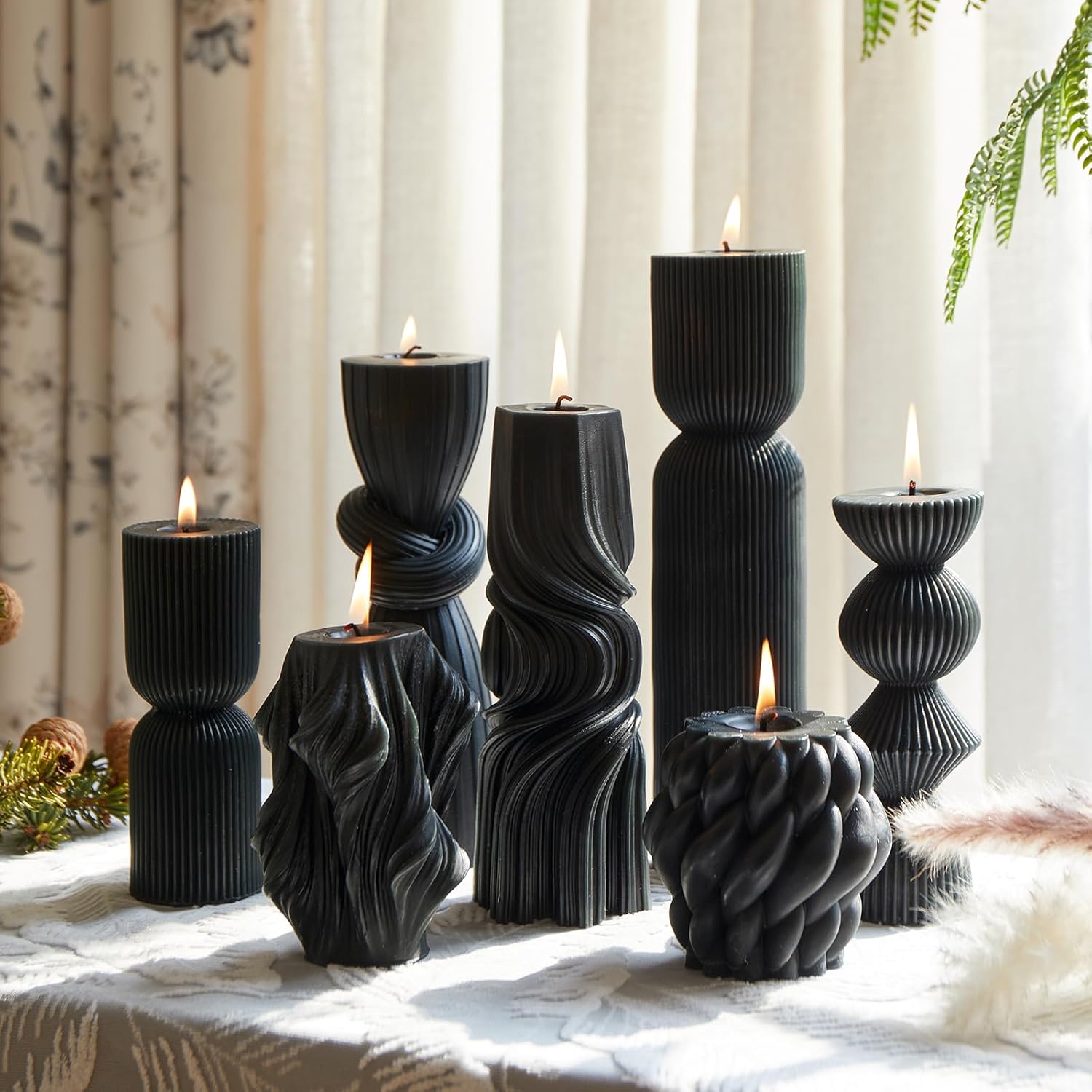 7-Pack Pillar Candles - Soy Wax Handmade Ribbed Candles for Home Decor, Housewarming Gift, Shelf & Table Decor - Aesthetic Modern Candles Set (Black)