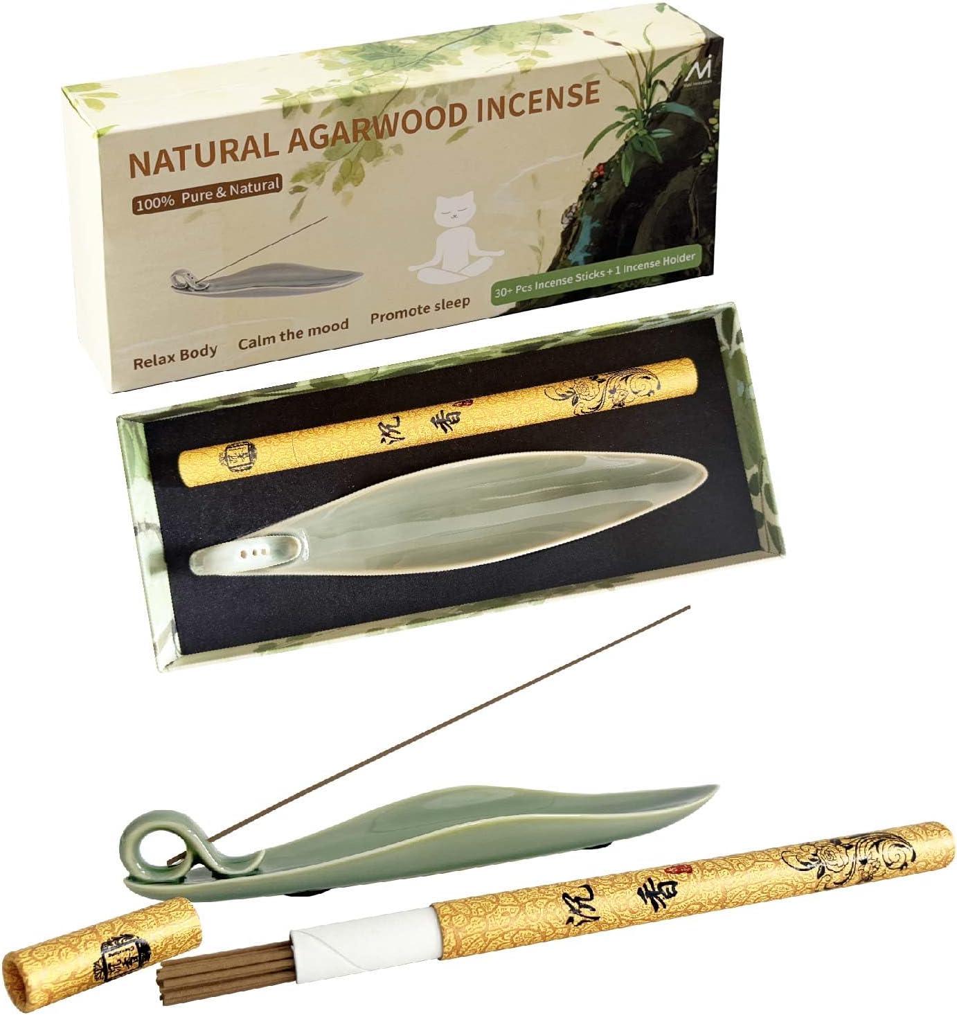 Natural Oud Agarwood Incense Stick Gift Set - Ceramic Incense Holder with Ash Catcher, Indoor Meditation Incense Burner Kit for Home Fragrance & Zen Relaxation