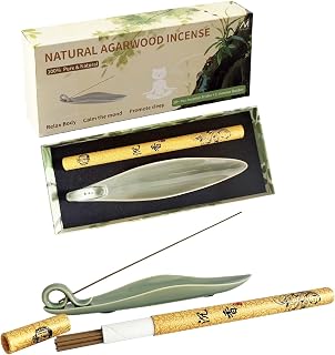 Natural Oud Agarwood Incense Stick Gift Set - Ceramic Incense Holder with Ash Catcher, Indoor Meditation Incense Burner Kit for Home Fragrance & Zen Relaxation