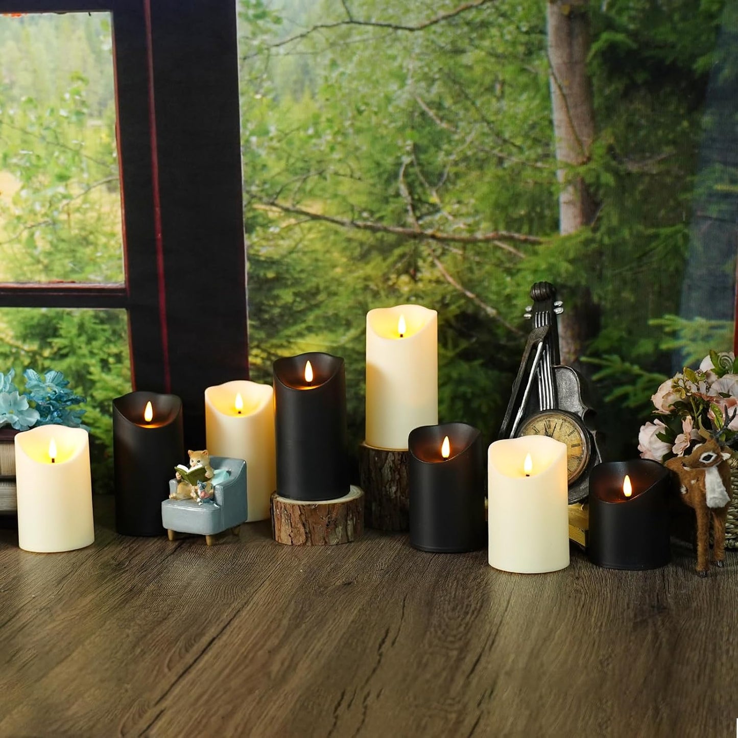 kakoya Flameless LED Candles Battery Operated with Remote and Timer,Flickering Electric Fake Plastic Pillar Candles Set of 12(D3 x H 3" 4" 5") Black