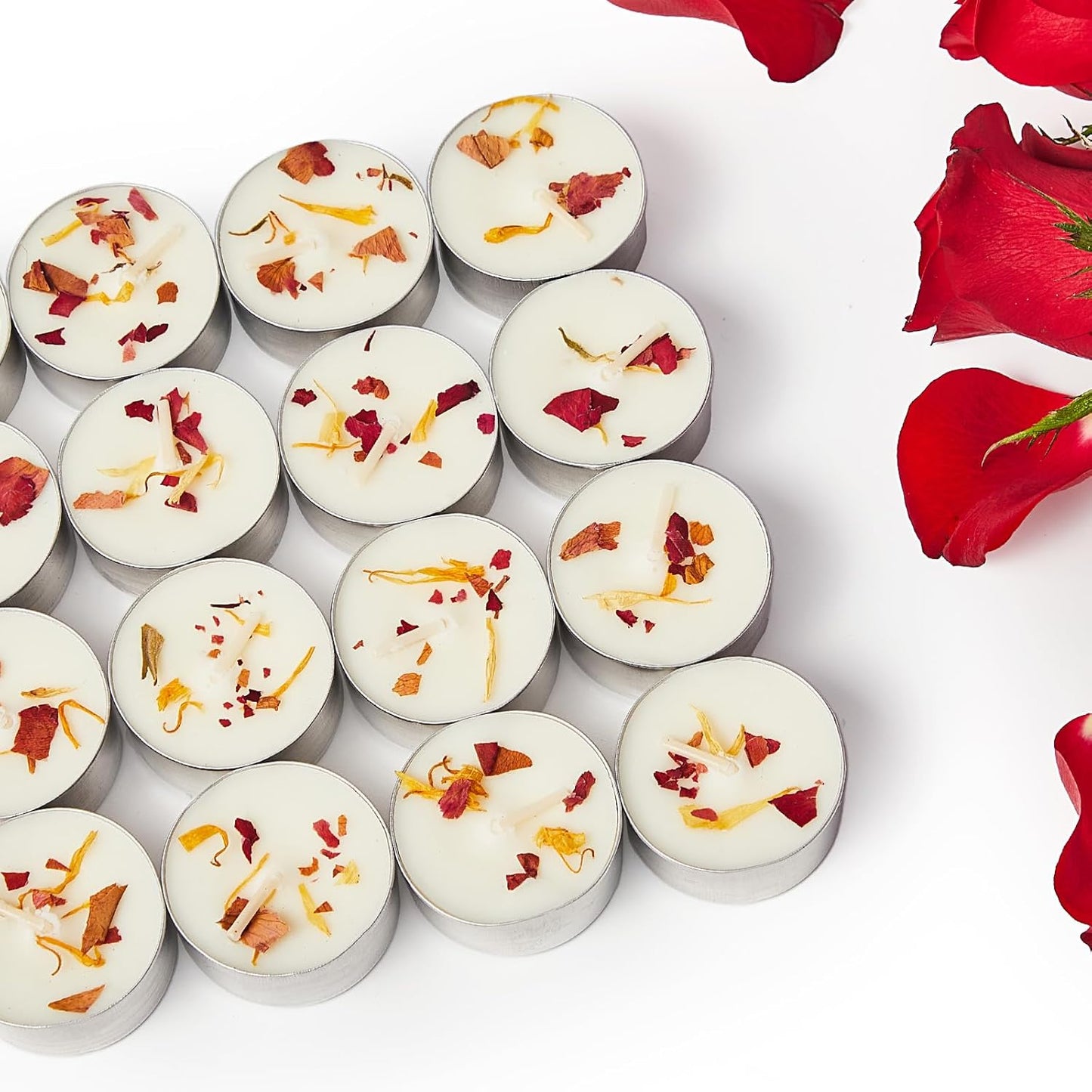 48 Pack Rose Scented Tealight Candles with Real Petals, Natural Soy Wax 6H Burn Time, Non-Toxic Smokeless Scented for Bath, Wedding, Decor